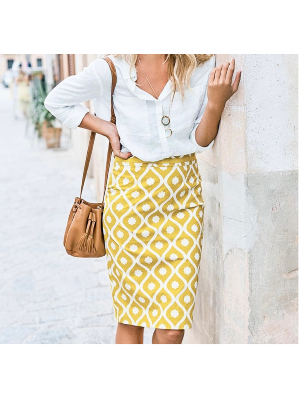 Boden modern pencil skirt yellow gold geometric pattern women’s size 14L